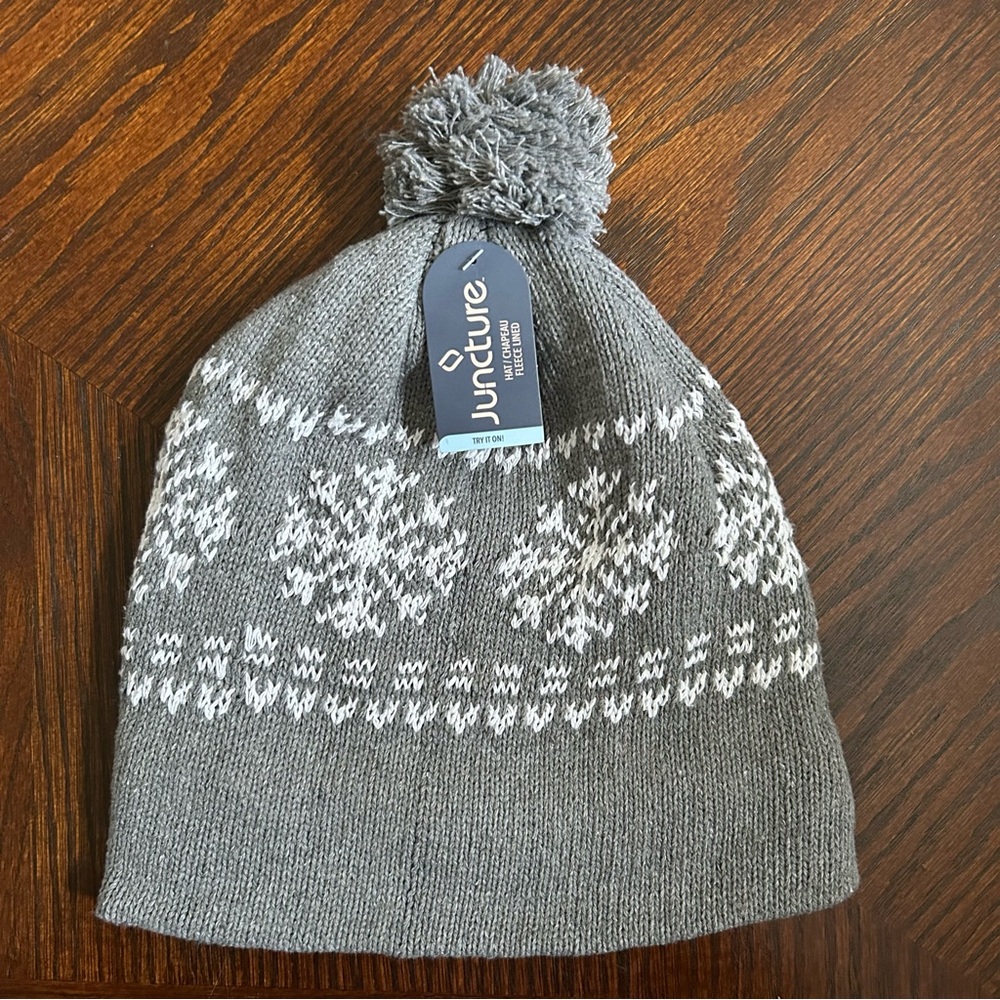 Juncture Winter Hat With Pom Pom Grey With White Snowflakes 🆕